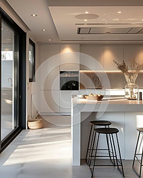 Interior of modern minimalist kitchen in a contemporary residential home with an island and modern appliances. Plain