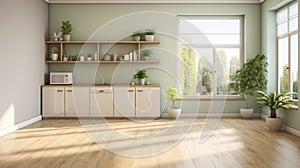 Interior of modern minimalist kitchen. Pistachio walls, hardwood floor, white facades, open shelves, home appliances