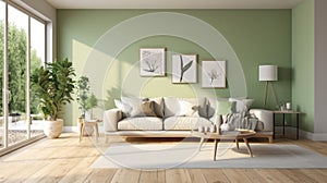 Interior of modern minimalist living room. Pistachio wall with posters, hardwood floor, grey sofa, wooden coffee tables