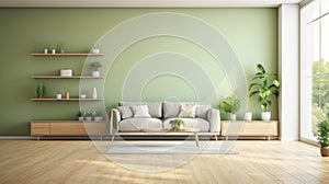 Interior of modern minimalist living room. Pistachio wall with shelves, hardwood floor, grey sofa, wooden coffee table