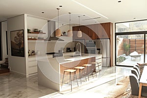 Interior of modern minimalist spacious kitchen with kitchen island. Plain facades, built-in home appliances, dining area