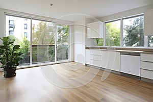 Interior of modern minimalist white kitchen. Empty walls, white flat facades, grey countertop with built-in sink, indoor