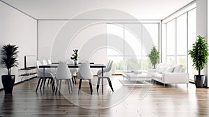 Interior of modern minimalist white living room with dining area. Comfortable sofa, coffee table, wooden dining table
