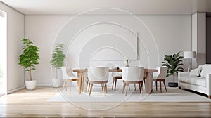 Interior of modern minimalist white living room with dining area. Comfortable sofa, wooden dining table with chairs