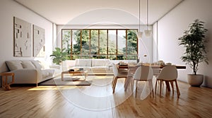 Interior of modern minimalist white living room with dining area. Comfortable sofas, wooden dining table with chairs