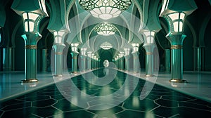 Interior of a modern Mosque. Green luxury palace Mosque interior design.