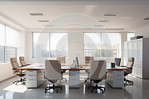 Interior of a modern office. A bright room with large windows, a white conference table and comfortable chairs. Cozy