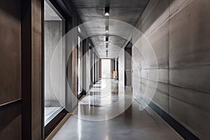 Interior of a modern office building with a long corridor. Industrial, concrete or loft Style