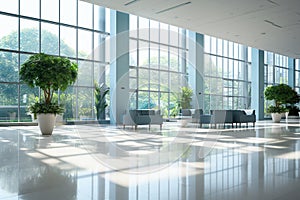 Interior of a modern office building, wide angle view of the lobby