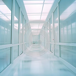 Interior of modern office building, wide corridor with glass walls