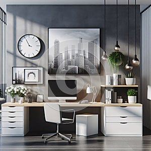 Interior of a modern office with a computer desk and lamp Generative ai for illustrati photo