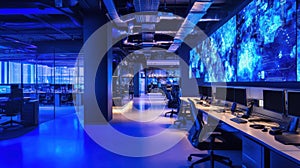 Interior of a modern office with computers and monitors, blue toned