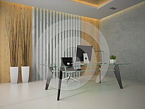Interior of the modern office with glass table 3D rendering 2