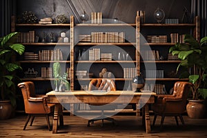 Interior of modern office, living room with gray walls, wooden floor, computer table and bookcase with folders