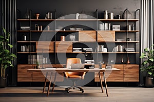 Interior of modern office, living room with gray walls, wooden floor, computer table and bookcase with folders