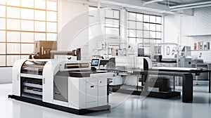 Interior of modern office printshop with multifunctional professional publishing and photocopy equipment. Business