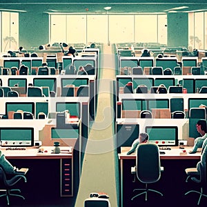 Interior of a modern office with rows of computers and people silhouettes AI Generated
