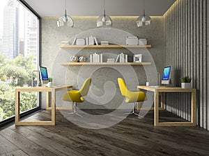 Interior of modern office with two yellow armchair 3D rendering