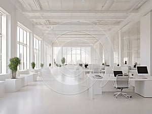 interior of modern office with windows and white walls, nobody inside. Open space