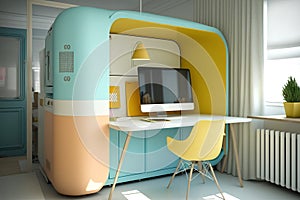 Interior of modern office. Workplace with desk, computer and chair. 3d render