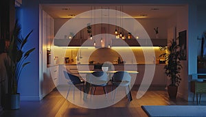 Interior of modern open plan kitchen with dining table and glowing lamps
