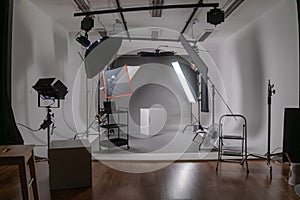 Interior of modern photo studio with octaboxes and professional photo camera on tripod