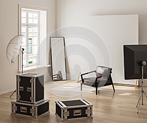 Interior of modern photo studio with professional lightning equipment, room with winow and armchair, fotostudio, 3d render
