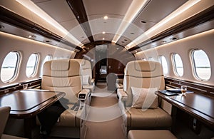 Interior of modern private jet. Generative AI