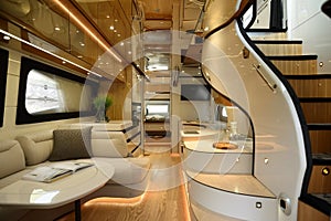 The interior of this modern recreational vehicle adheres to minimalism, providing a sleek, uncluttered environment, AI Generate