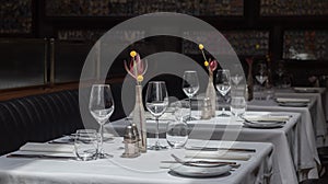 Interior of a modern restaurant with tables served for dinner