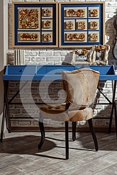 interior of modern retro styled living room with blue table, chair and photos
