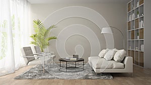 Interior of modern room with white armchair and sofa 3D renderi