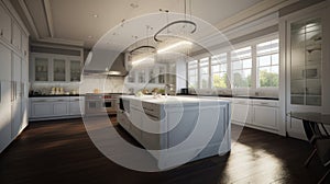 Interior of modern spacious kitchen. White facades, natural wood flooring. Kitchen island with large work area.