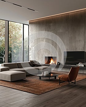 Interior of modern spacious living room in luxury apartment. Grey modular corner sofa, round coffee table, flat TV