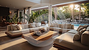 Interior of modern spacious living room in luxury tropical cottage. Comfortable cushioned furniture, coffee table