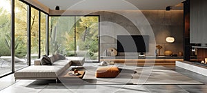 Interior of modern spacious living room in luxury villa. Corner sofa, coffee table, flat TV, panoramic glazing with