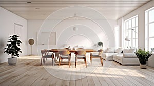 Interior of modern spacy minimalist white living room with dining area. Comfortable couch, wooden dining table with