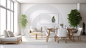 Interior of modern spacy minimalist white living room with dining area. Comfortable couches, wooden dining table with