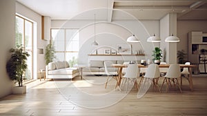 Interior of modern spacy minimalist white living room with dining area. Comfortable sofa, wooden dining table with