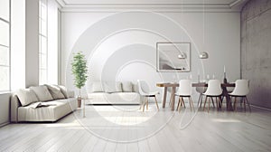 Interior of modern spacy minimalist white living room with dining area. Comfortable sofas, wooden dining table with