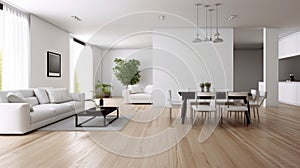 Interior of modern spacy minimalist white living room with dining area. Comfortable sofas, wooden dining table with