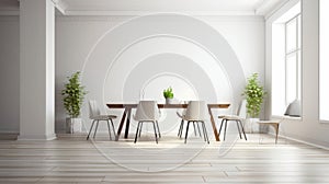 Interior of modern spacy minimalist white living room with dining area. Wooden dining table with chairs, houseplants in