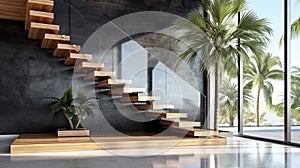 Interior of modern staircase design, elegant L shape wood cantilever stairs, granite base. Ai generated