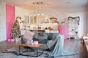 Interior of modern studio living room with comfortable sofa decorated with Christmas tree and gifts