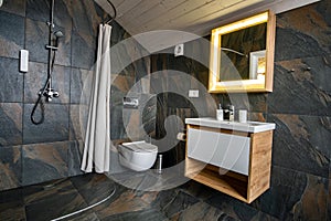 Interior of modern stylish bathroom with black tiled walls, curtain shower place and wooden furniture with wash basin and big