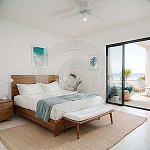 Interior of modern stylish bedroom with surfboard