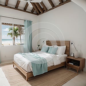 Interior of modern stylish bedroom with surfboard