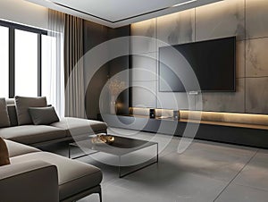 Interior Of Modern Sunny Living room with TV wall, sofa and coffee table