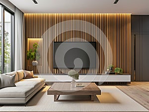 Interior Of Modern Sunny Living room with TV wall, sofa and coffee table
