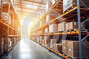 Interior of a modern warehouse. Large space for storing and moving goods. Logistics. Blurred background. The sun\'s rays fall